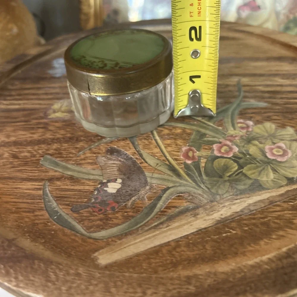 Vtg 2pc Art Deco Glass Vanity Jar Set w/ Floral Celluloid Lids 1940s/50s
